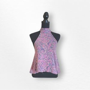 Kendall and Kylie Retro Paisley Design Halter Tie Tip in Pink/Purple/Tur…